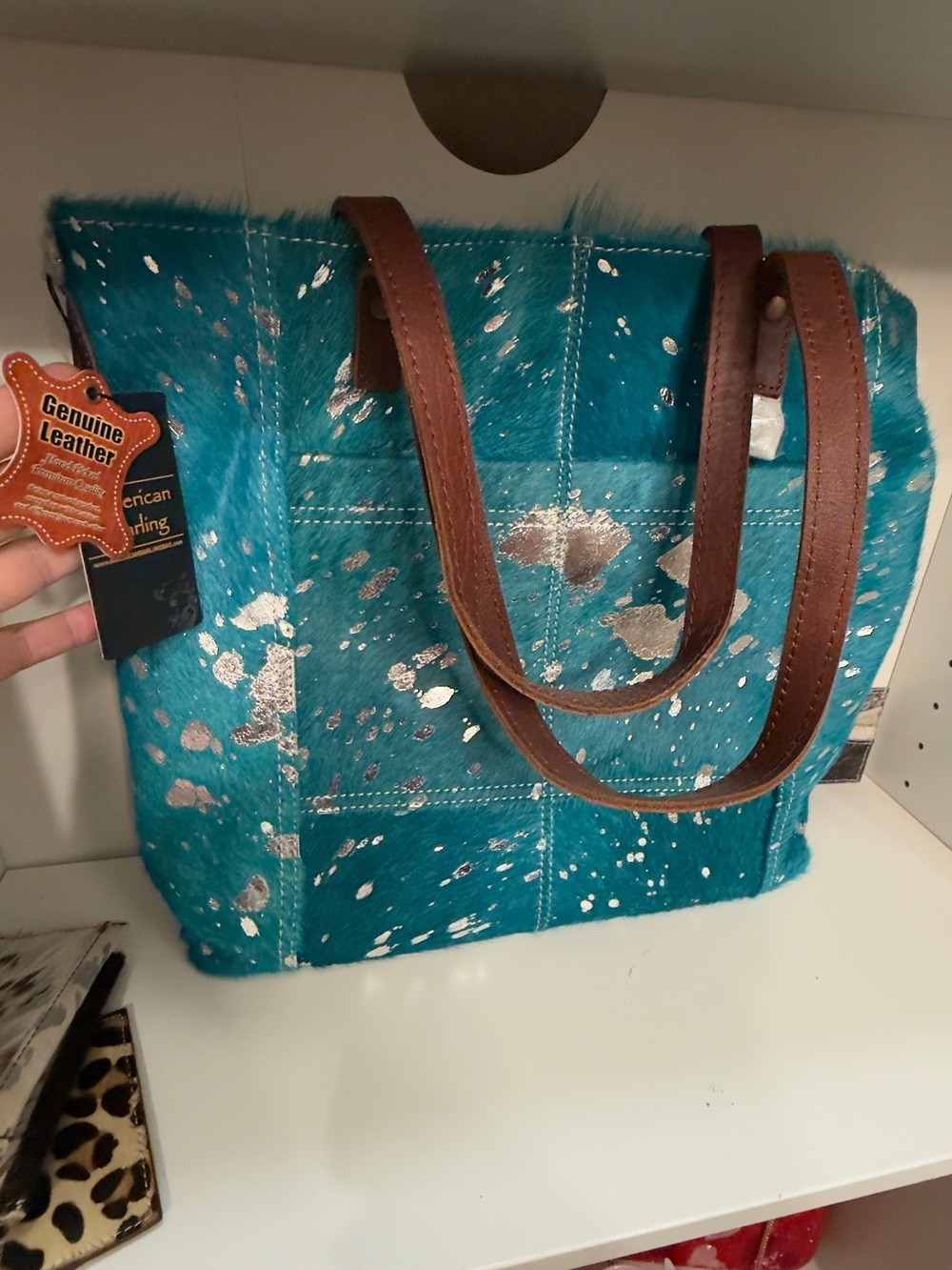 American Darling Teal Hair-On Leather Tote with Brown Straps and Silver Accents